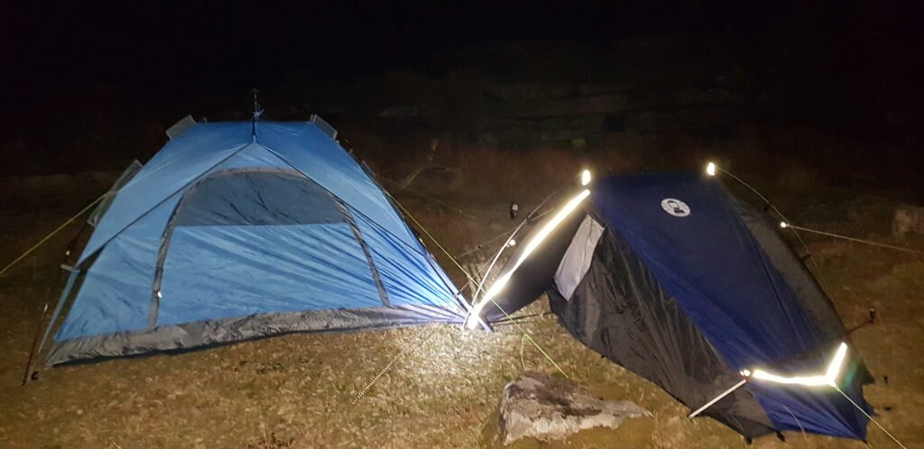 Cramped camp setup in the dark