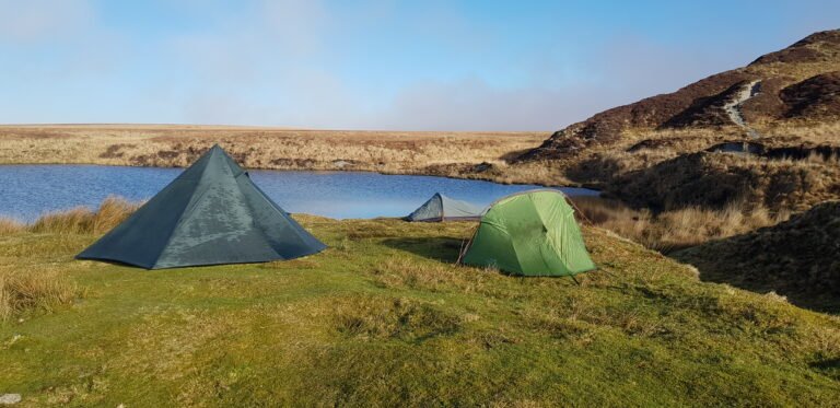 Pristine campsite setup wild camping in dartmoor